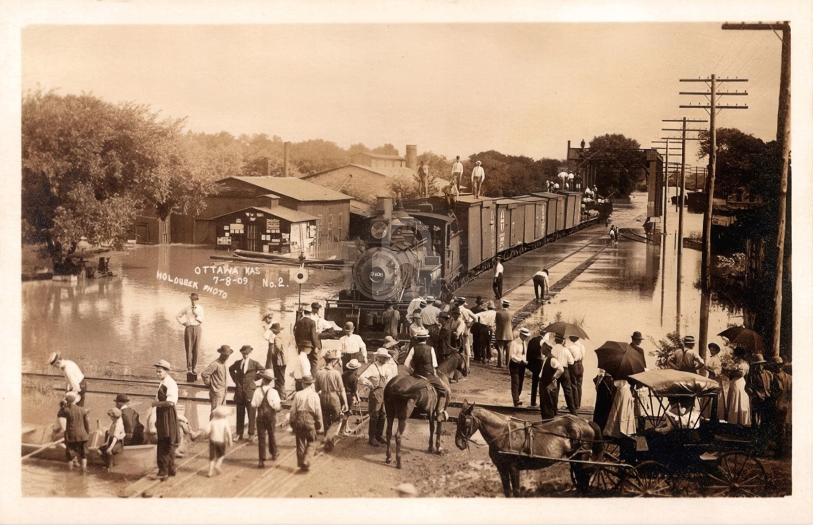 Flooded Ottawa KS Kansas Santa Fe Railroad Train depot RPPC Photo Postcard COPY