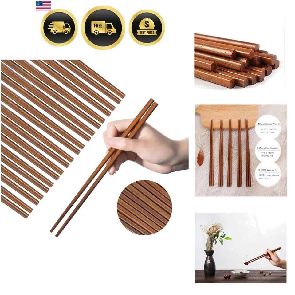 Elegant Reusable Wooden Chopsticks - 10 Pairs, Dishwasher Safe, Eco-Friendly