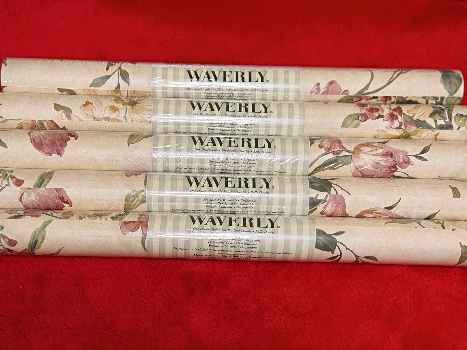 Vintage Waverly Floral Wallpaper Rolls - Lot of 5 - Pink Tulips & Yellow Dogwood
