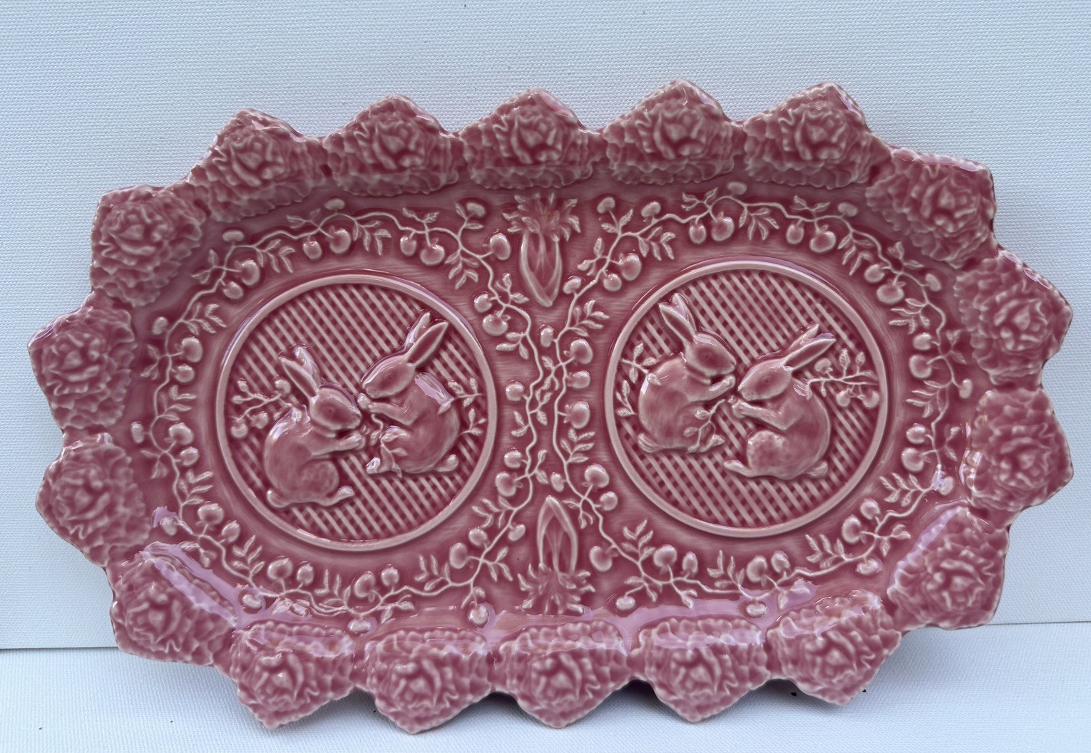 Bordallo Pinheiro Pink Rabbit Platter 13x8 Majolica Bunny Serving Tray MINT  Vtg