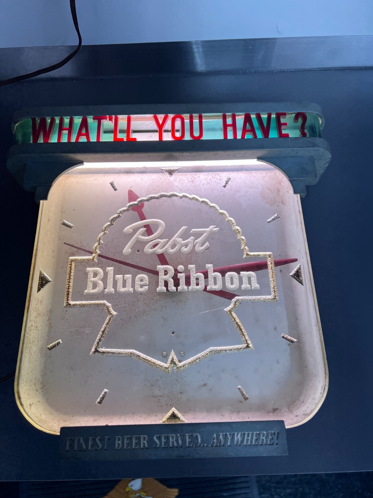 Vintage Pabst Blue Ribbon Fluorescent Clock PBR Beer Bar Retro Art Deco Sign