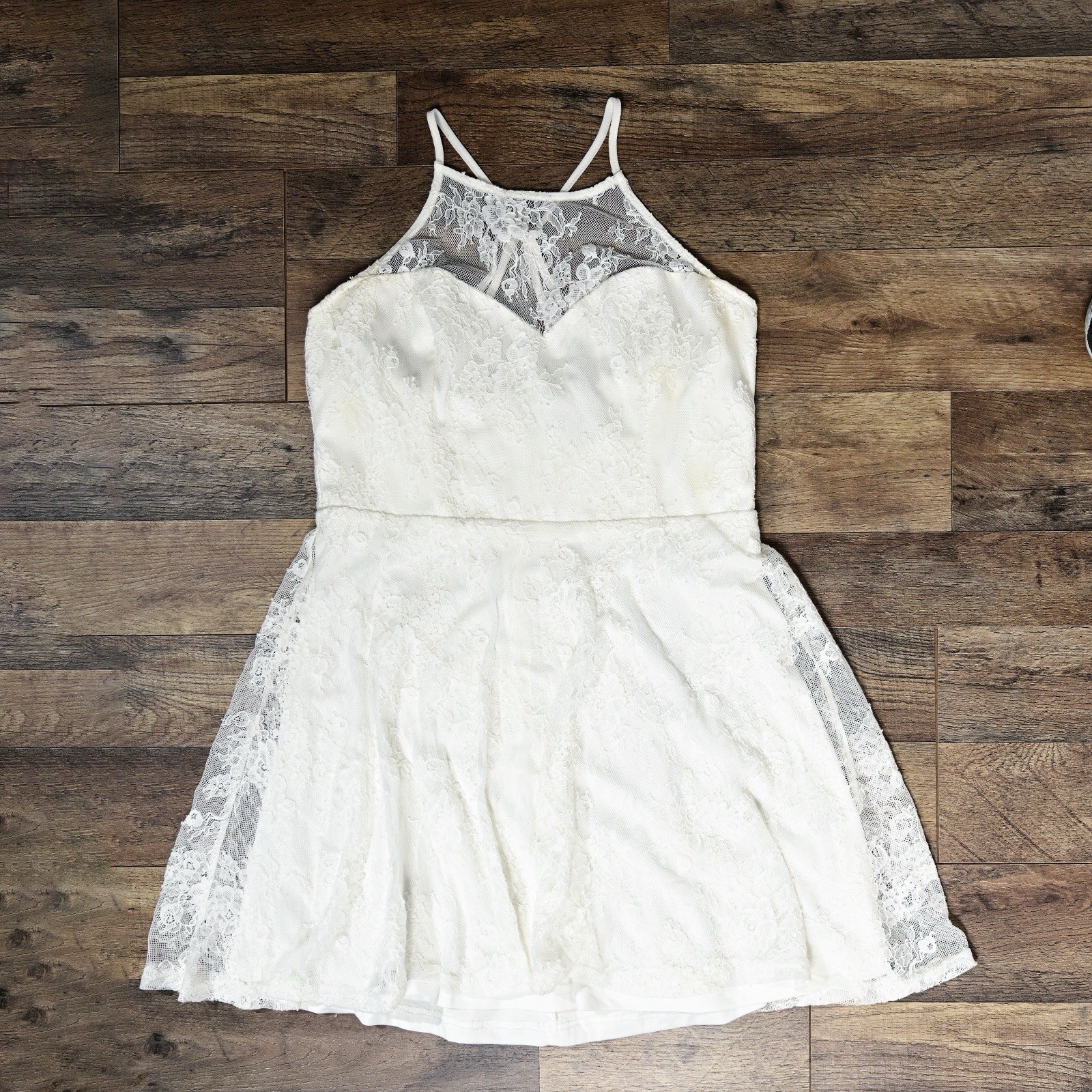 Lulus Women’s L. White Floral Lace Short Strappy A-Line Zip-up Dress