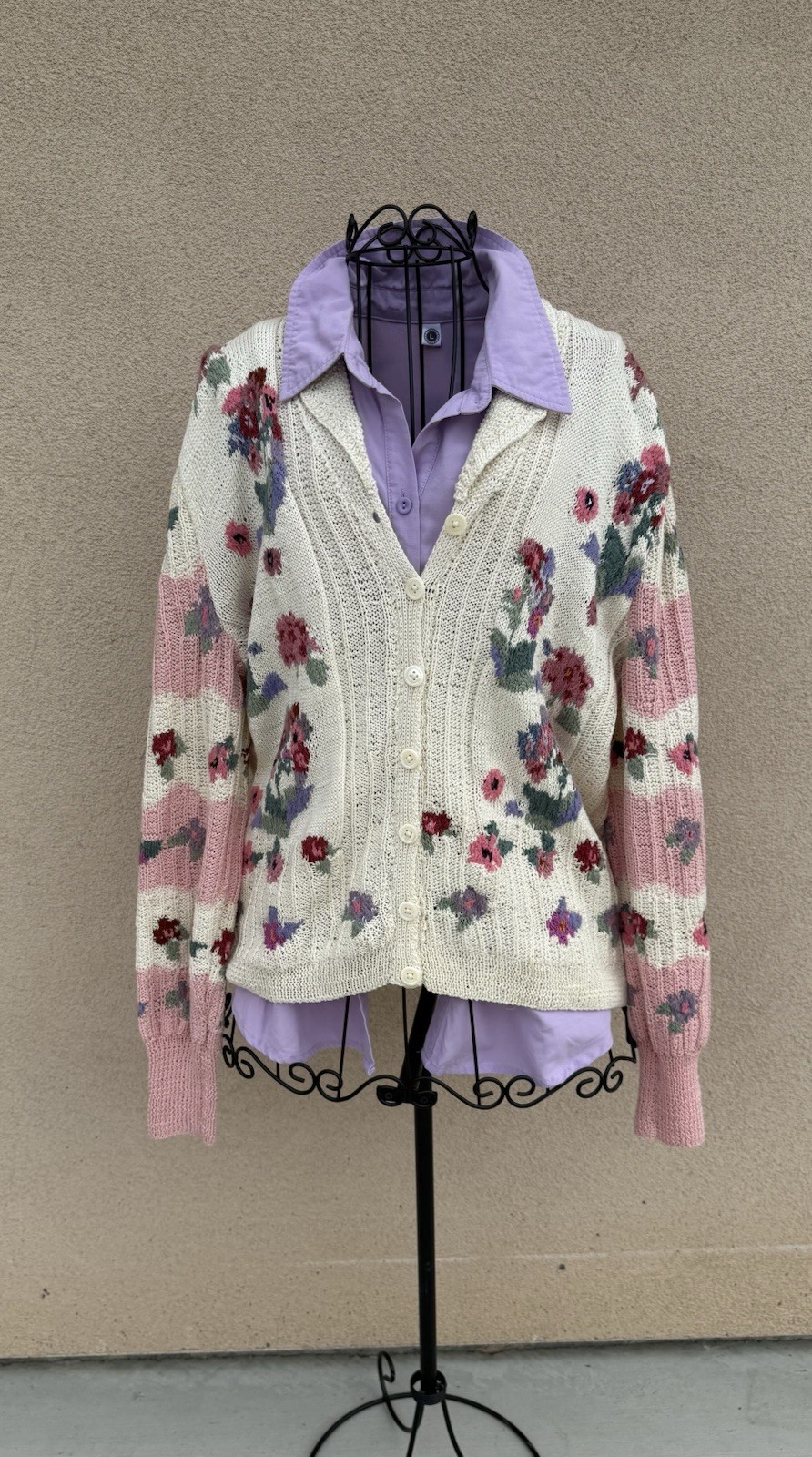 Susan Duckworth Custom Hand Knit Floral Cotton Sweater Sz Med- Work Of Art