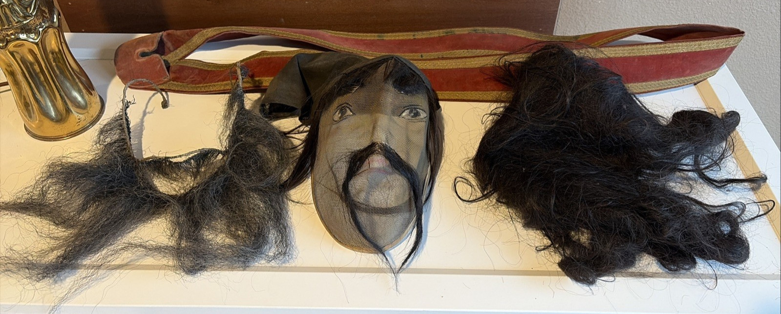 Antique Odd Fellows Ceremonial Mask Hand Painted Wire Mesh C. 1900 Wig Mustache