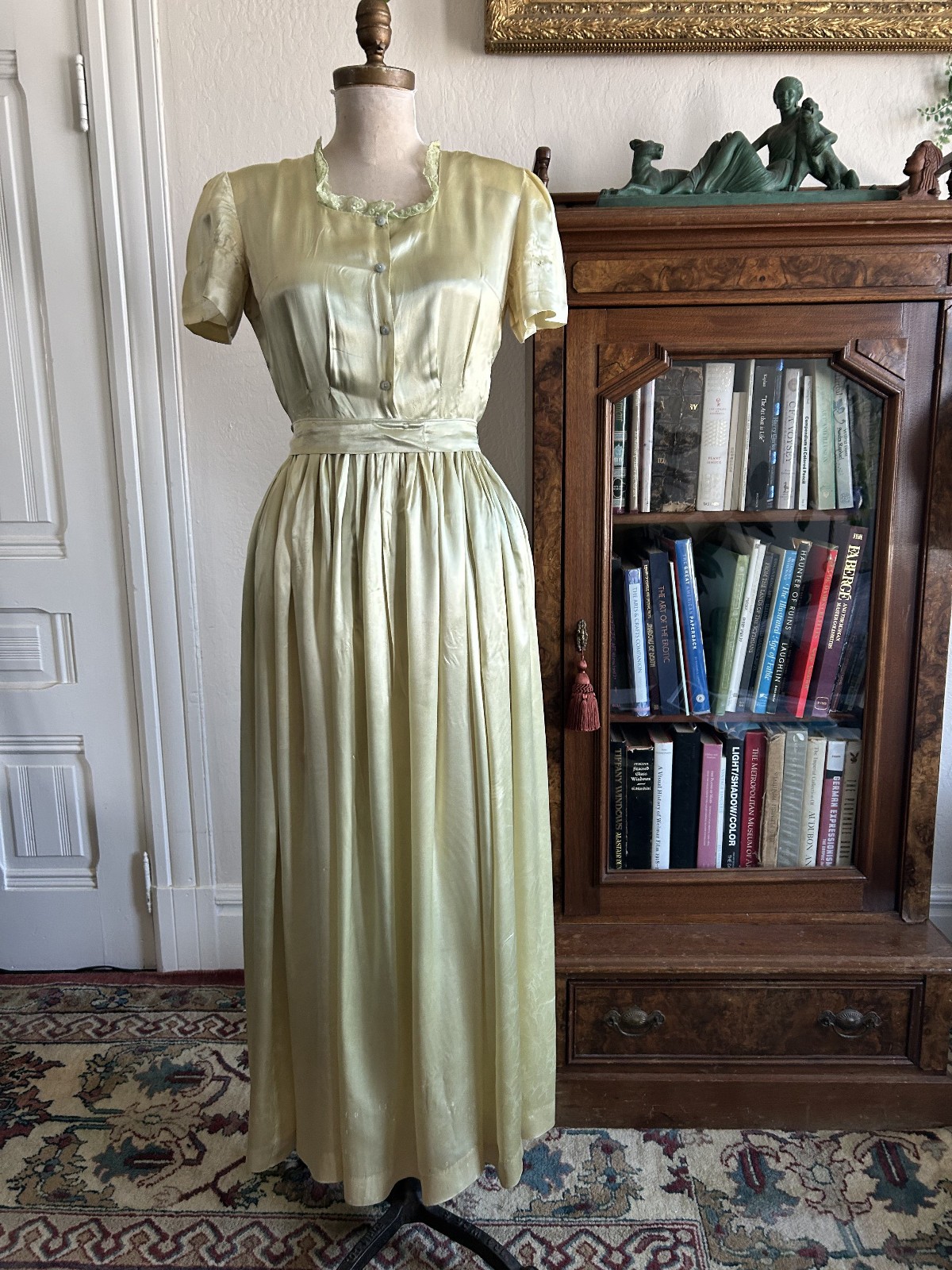 Vintage 1930s Celery Green Liquid Satin Square Neck Formal Maxi Dress Full Skirt