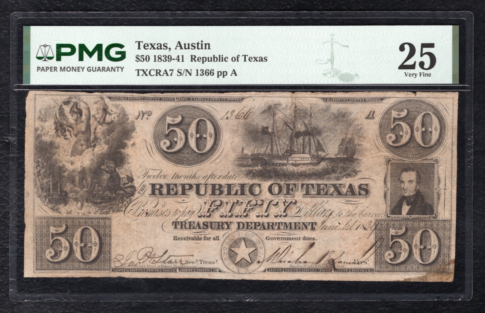 1839-41 $50 THE REPUBLIC OF TEXAS AUSTIN, TX OBSOLETE NOTE PMG VERY FINE-25
