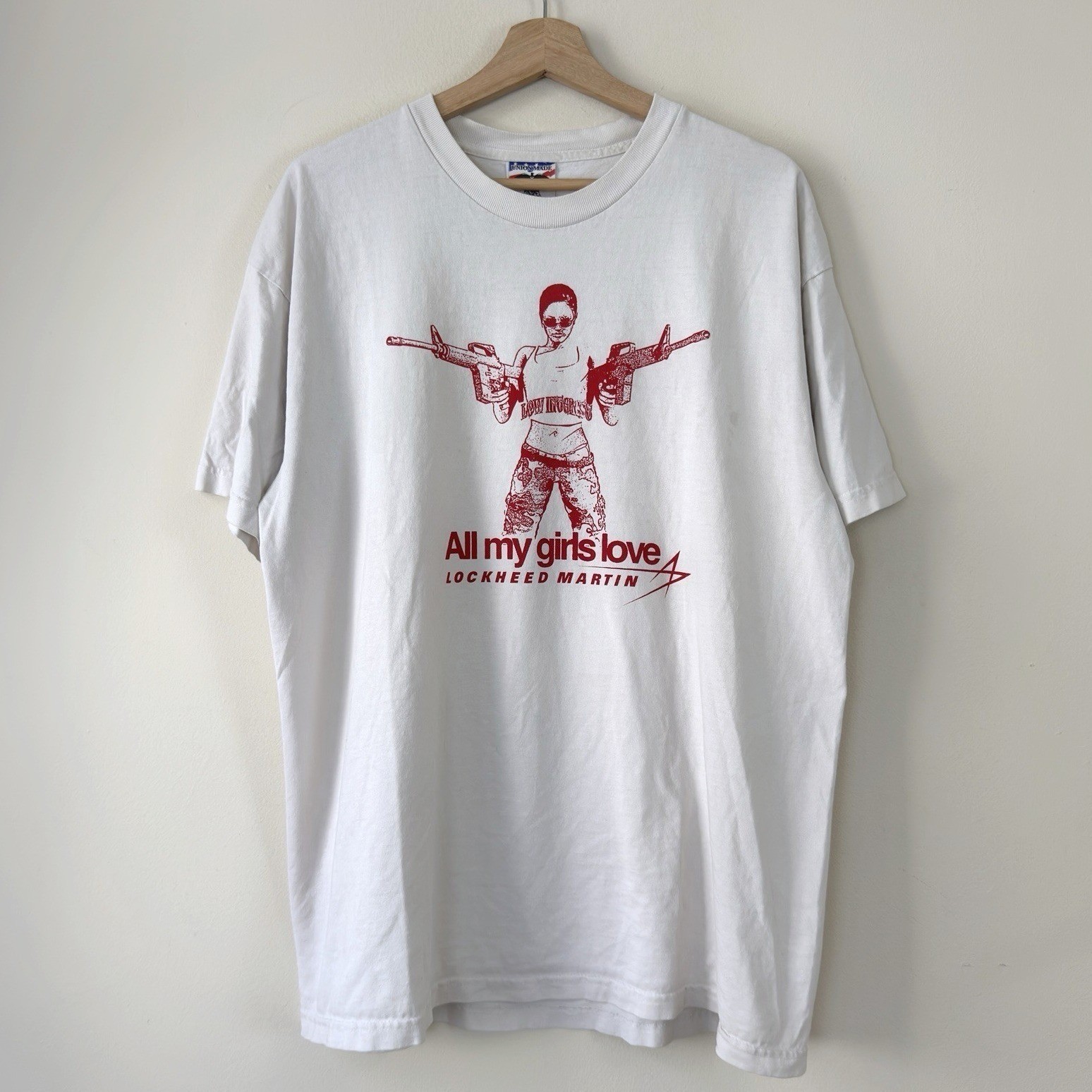 Vintage All My Girls Love Lockheed Martin Union Made White Cream Tee Shirt - XL