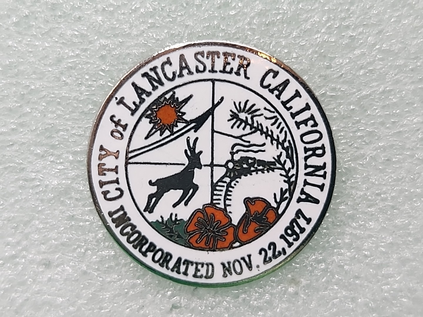 City of Lancaster CA Crest Shield Tie Pin California Travel Souvenir Rare White