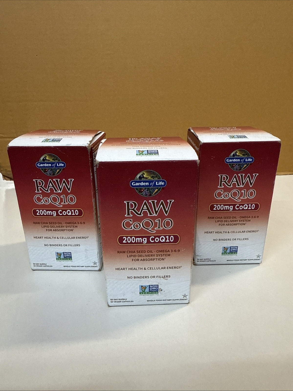 Lot of 3 Garden of Life RAW CoQ10 200mg 60 Vegan Capsules Exp 11/2026