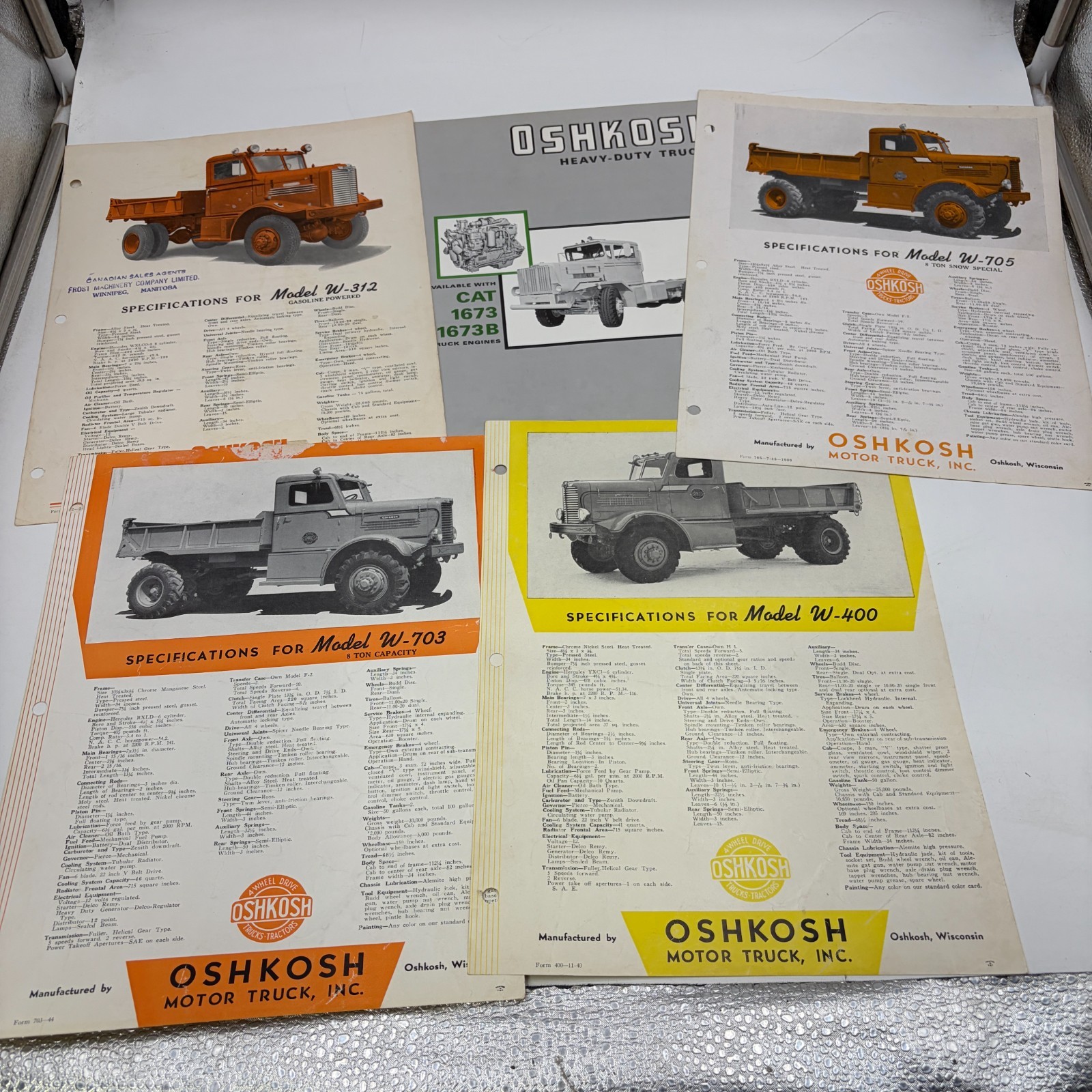 1940s Vintage Oshkosh Truck Brochure Lot of 5 W-312 W-400 W-703 W-705 CAT