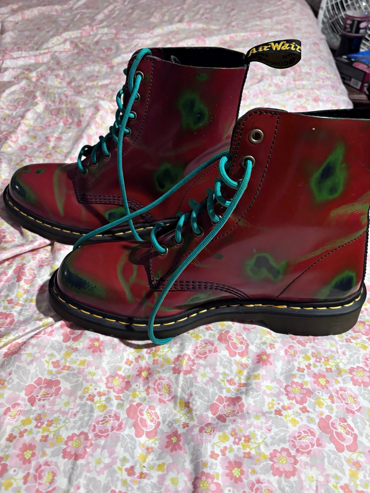 Dr. Martens Leather Lace-Up Combat Ankle Boots Red/Green US 10 EU 43