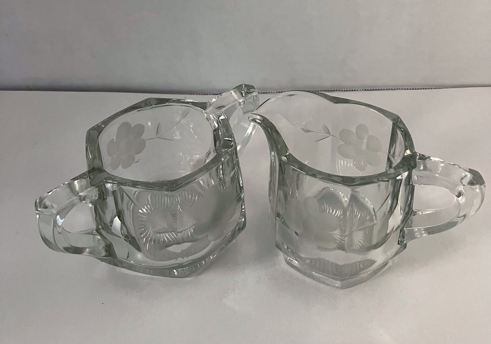 Creamer and Sugar, Etched and Clear, Flowers, Starburst Bottom. Vtg