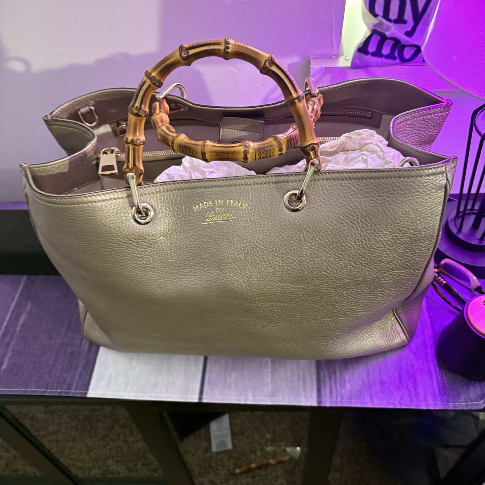 Gucci GG Metallic Tote Bag with Bamboo Handles and Shoulder Strap