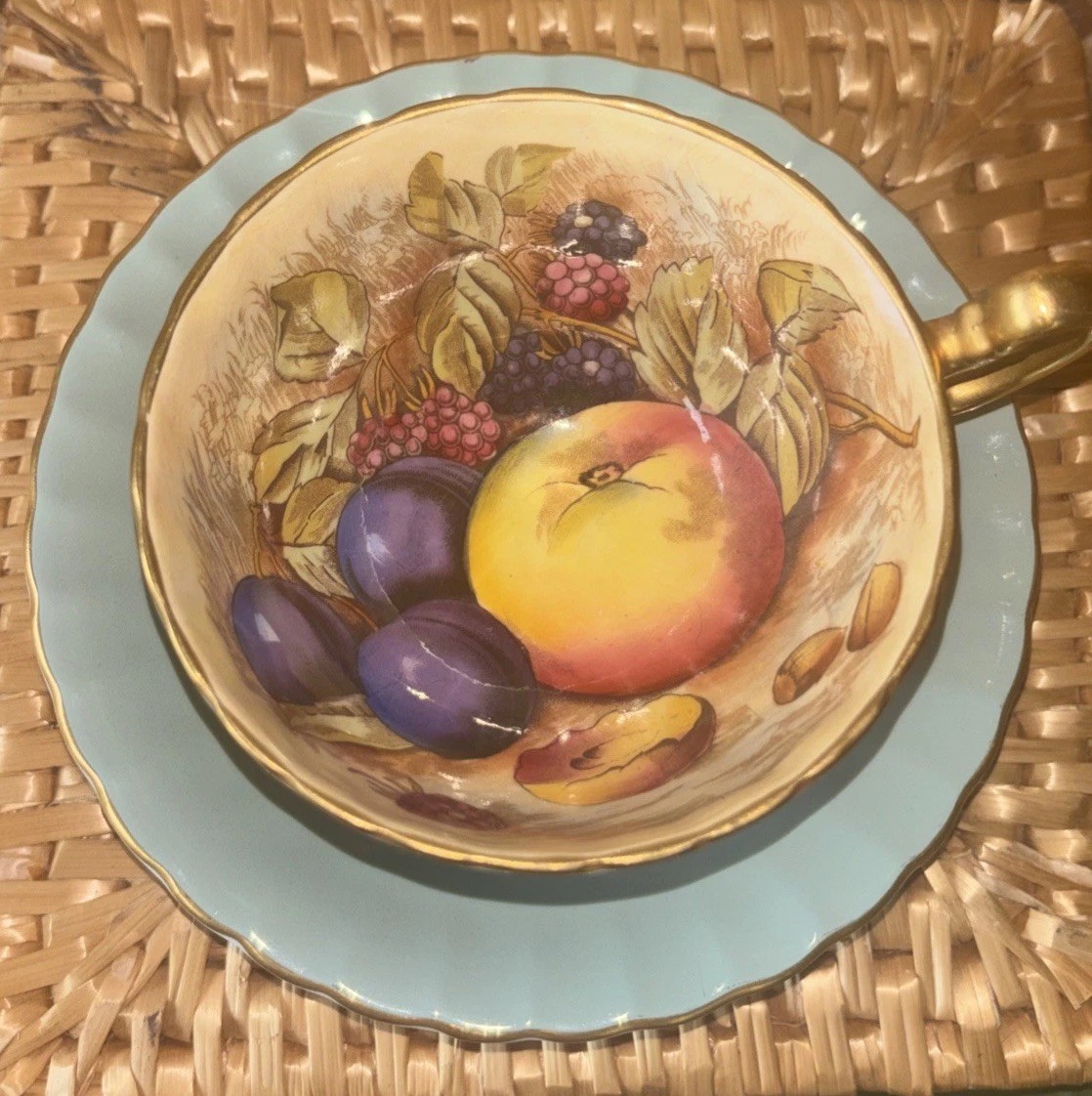 Vintage Aynsley Teacup & Saucer Orchard Fruit Signed D Jones England Gilded Vintage Aynsley Teacup & Saucer Orchard Fruit Signed D Jones England Gilded