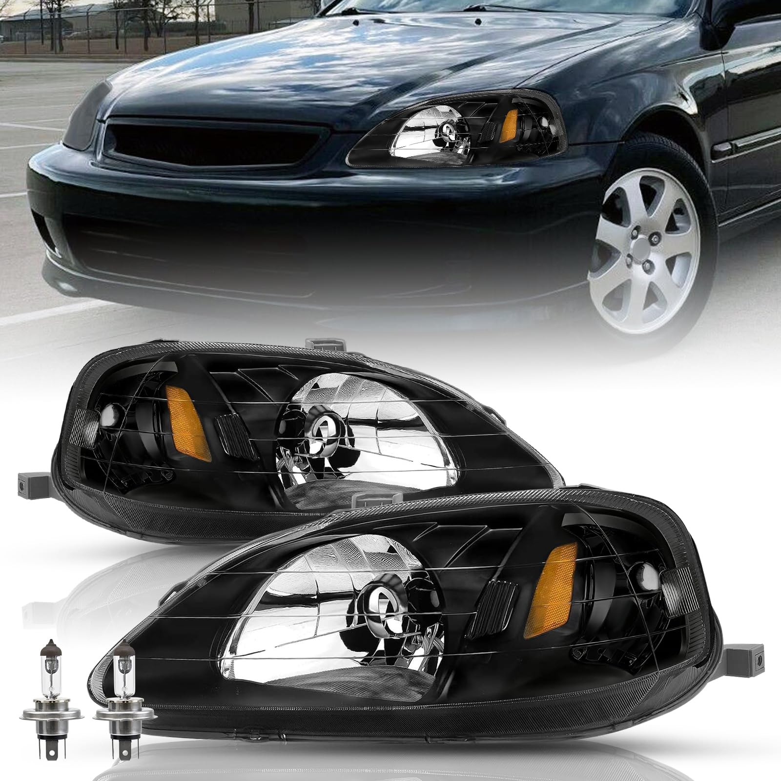 1999-2000 Civic Headlight Pair Factory Style with Bulbs Left Right