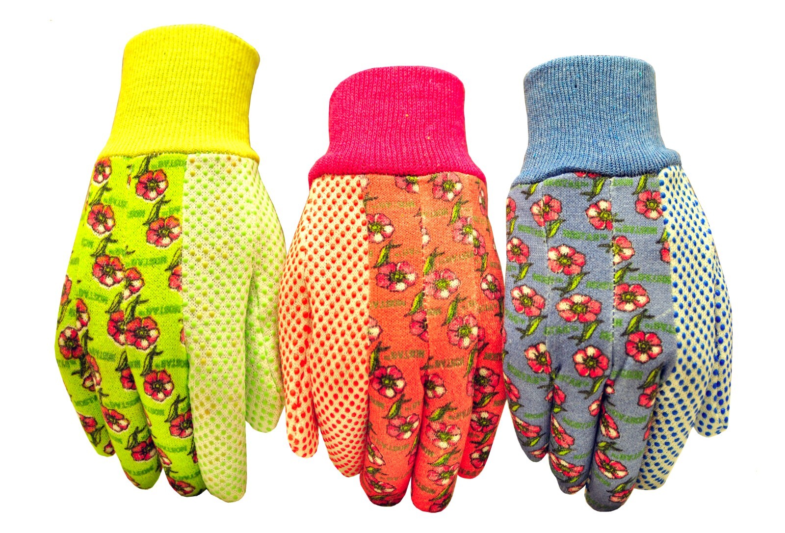 Women\'s Garden Gloves 3-Pair, Soft Cotton Jersey, PVC Dot Grip, Green/Red/Blue Women\'s Garden Gloves 3-Pair, Soft Cotton Jersey, PVC Dot Grip, Green/Red/Blue