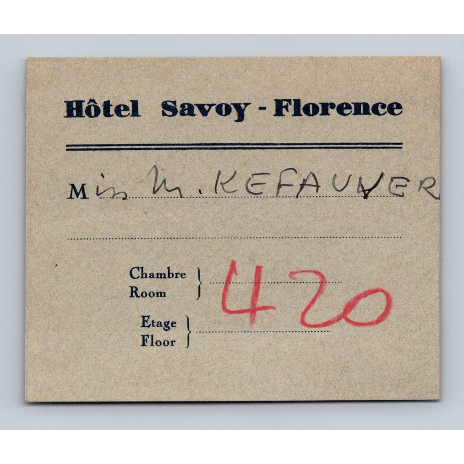 1940s Florence Savoy Hotel Key Tag Mrs. Kefauver Room 420 Italy Ephemera