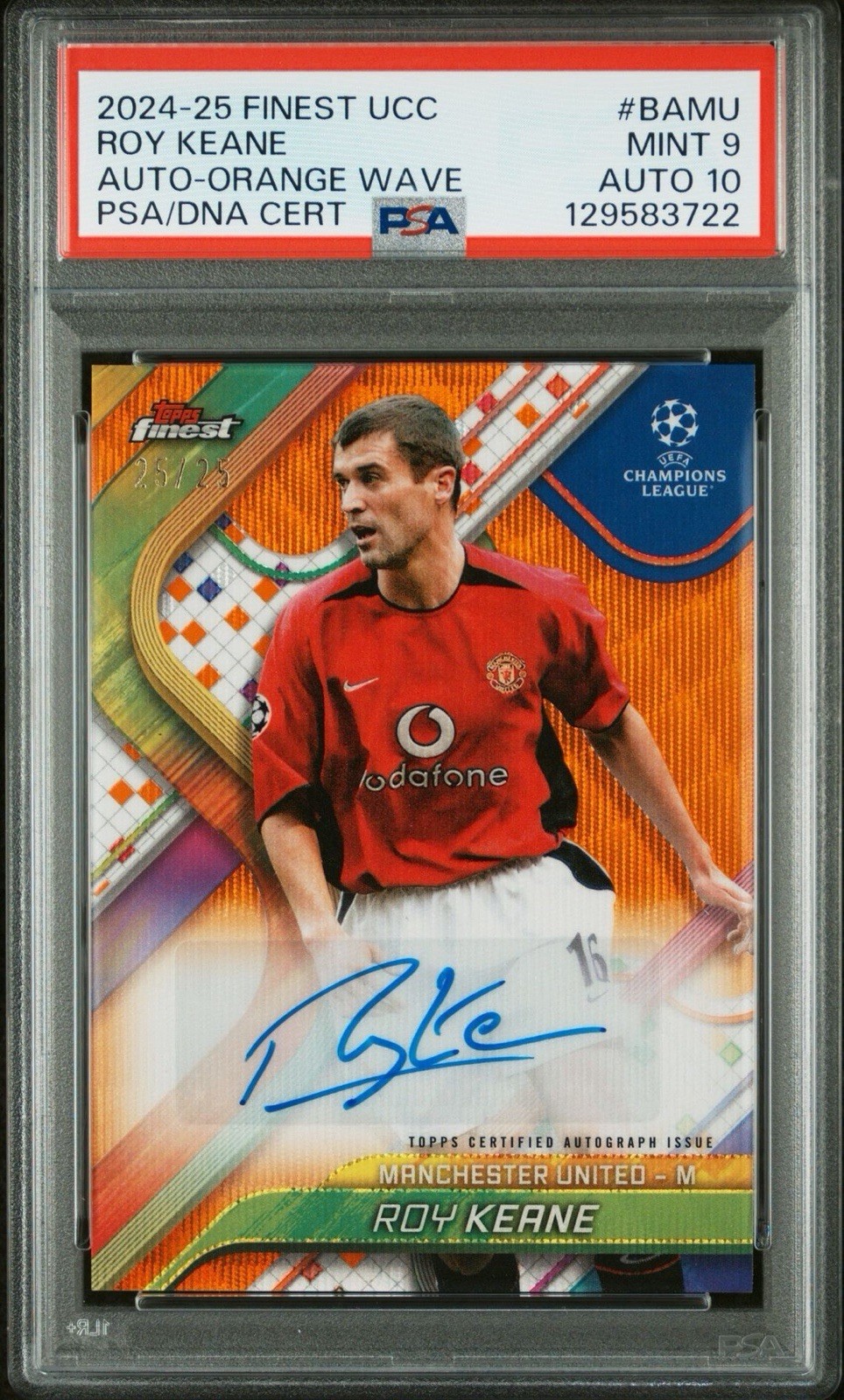 Topps Finest UEFA Roy Keane BA-MU Orange Wave Refractor Auto 25/25 PSA 9 Auto 10