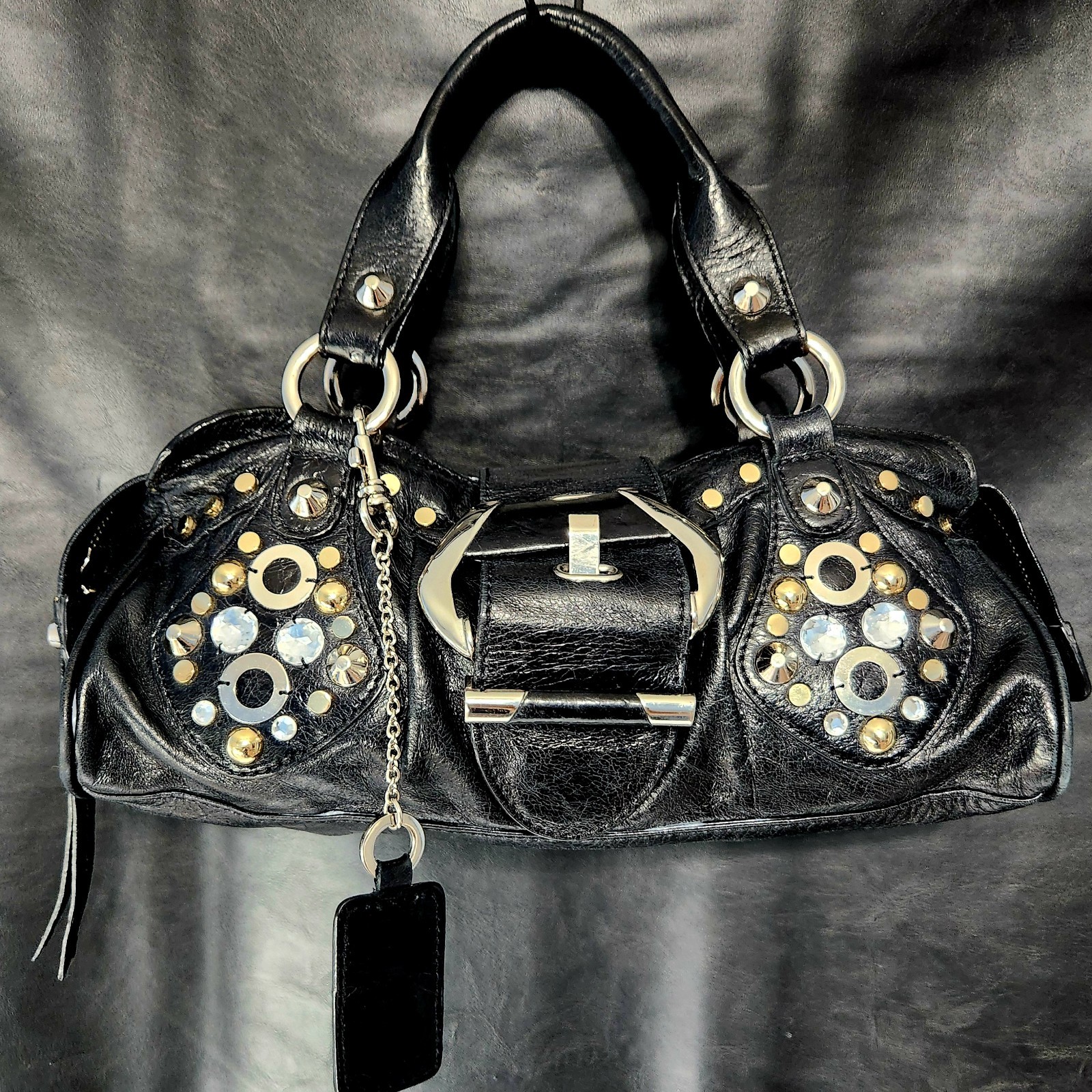 GUESS Y2K Handbag Black Studs Rhinestones McBling Moto Punk Satchel GUESS Y2K Handbag Black Studs Rhinestones McBling Moto Punk Satchel