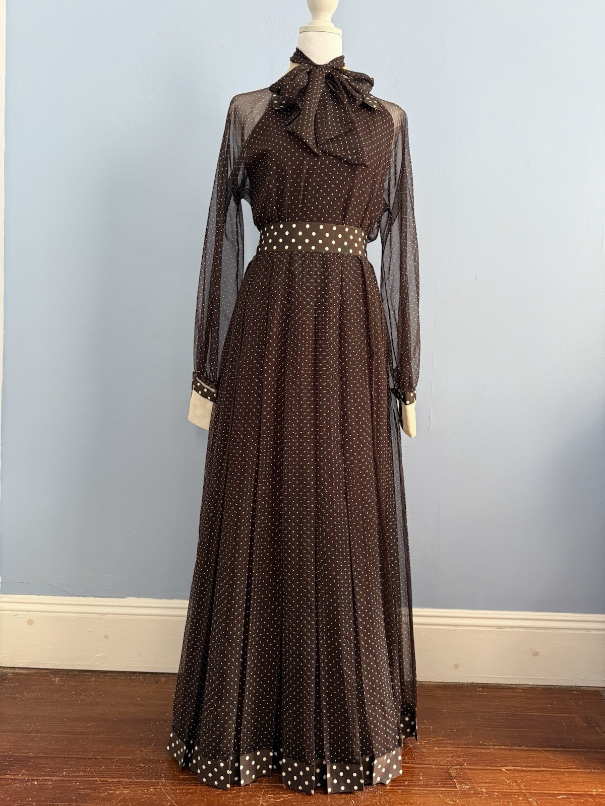 Vintage Kiki Hart 1960s/70s Polka Dot Chiffon Maxi Gown – XS – Rare Designer