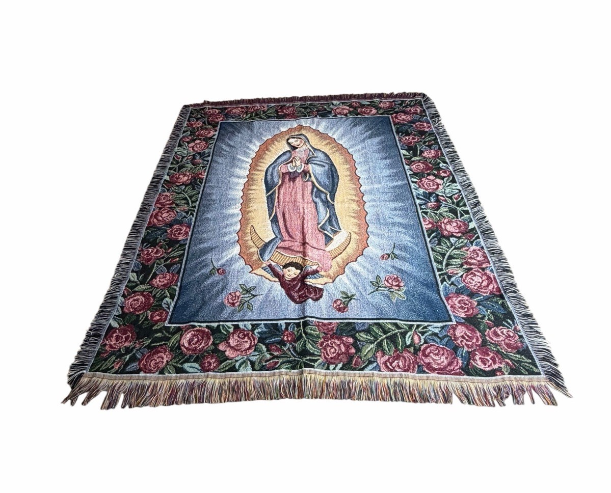 Vintage Our Lady of Guadalupe 52”x57” Woven Throw Blanket Mohawk Religious USA