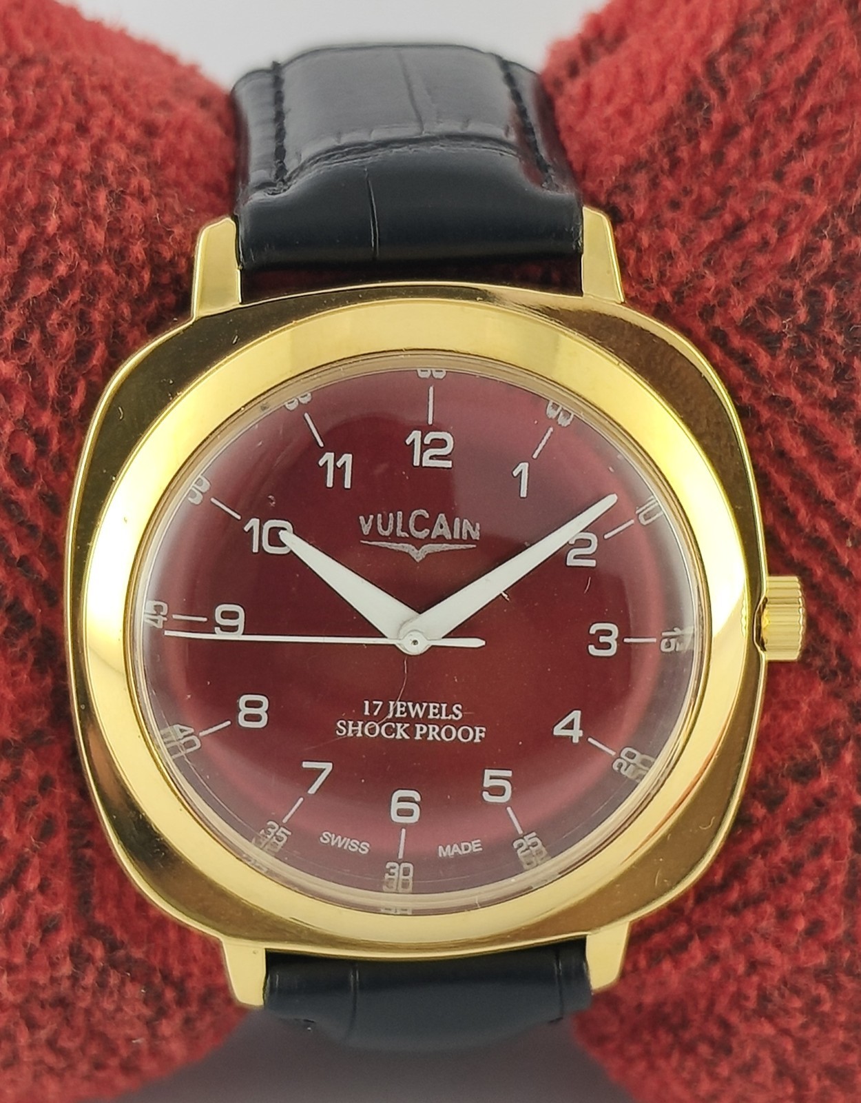 Vintage Vulcain Hand-Winding Red Dial GP Case Men Wristwatch Leather Band