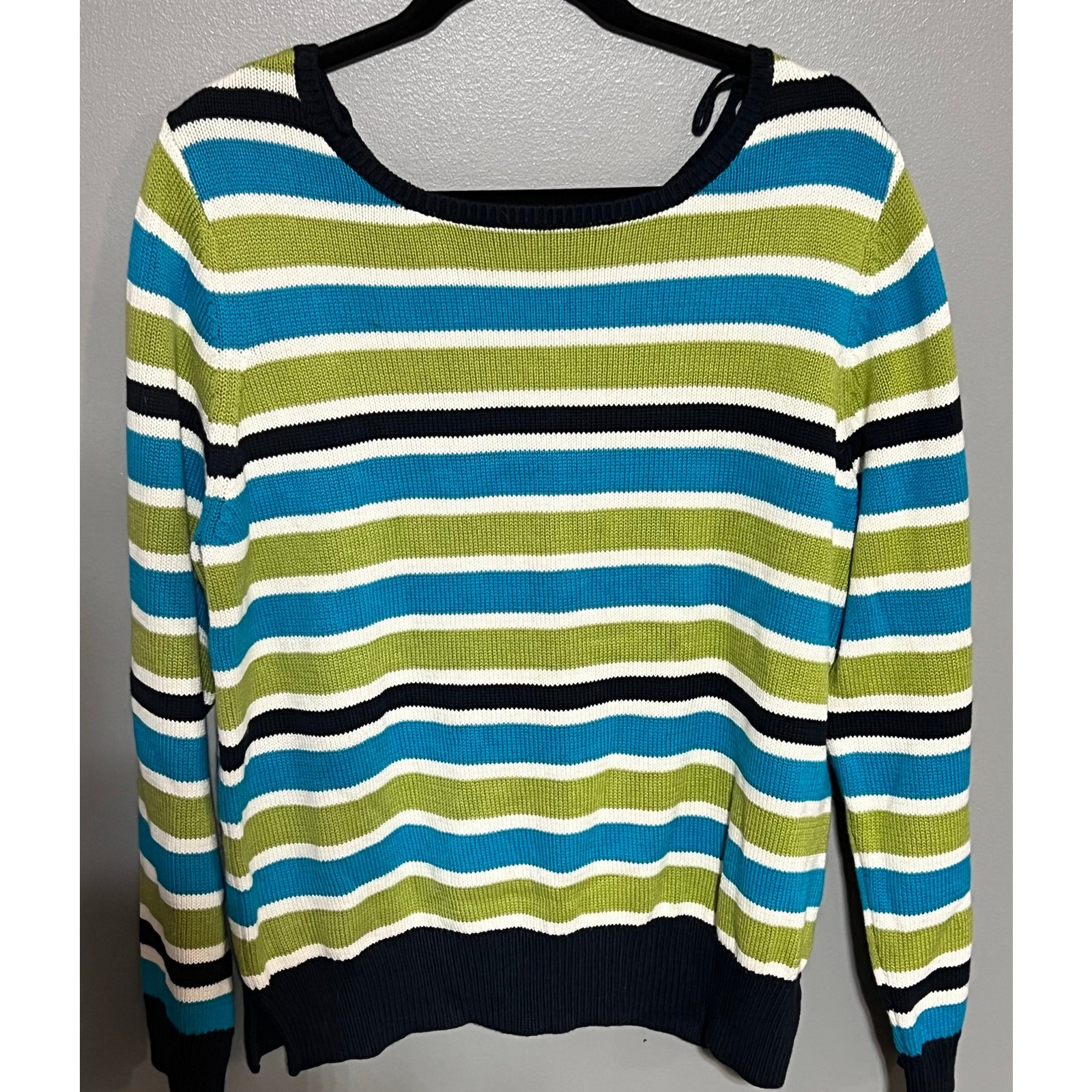Bianca Nygard Knit Sweater Large Striped Blue Green Black Long Sleeve Bianca Nygard Knit Sweater Large Striped Blue Green Black Long Sleeve