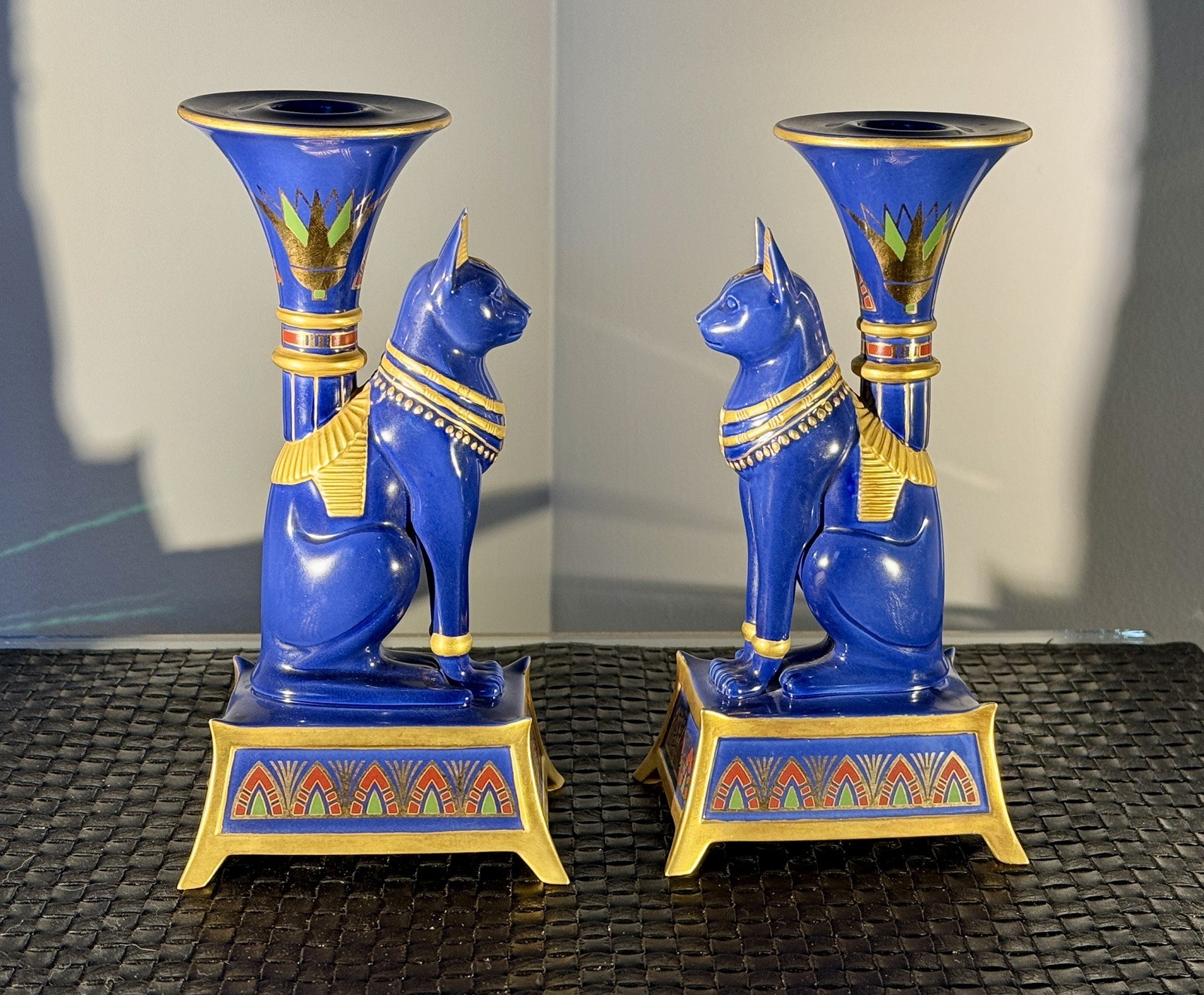 VTG Cat Golden Candlesticks Of Bast Porcelain 24K Gold Franklin Mint Egyptian 8”