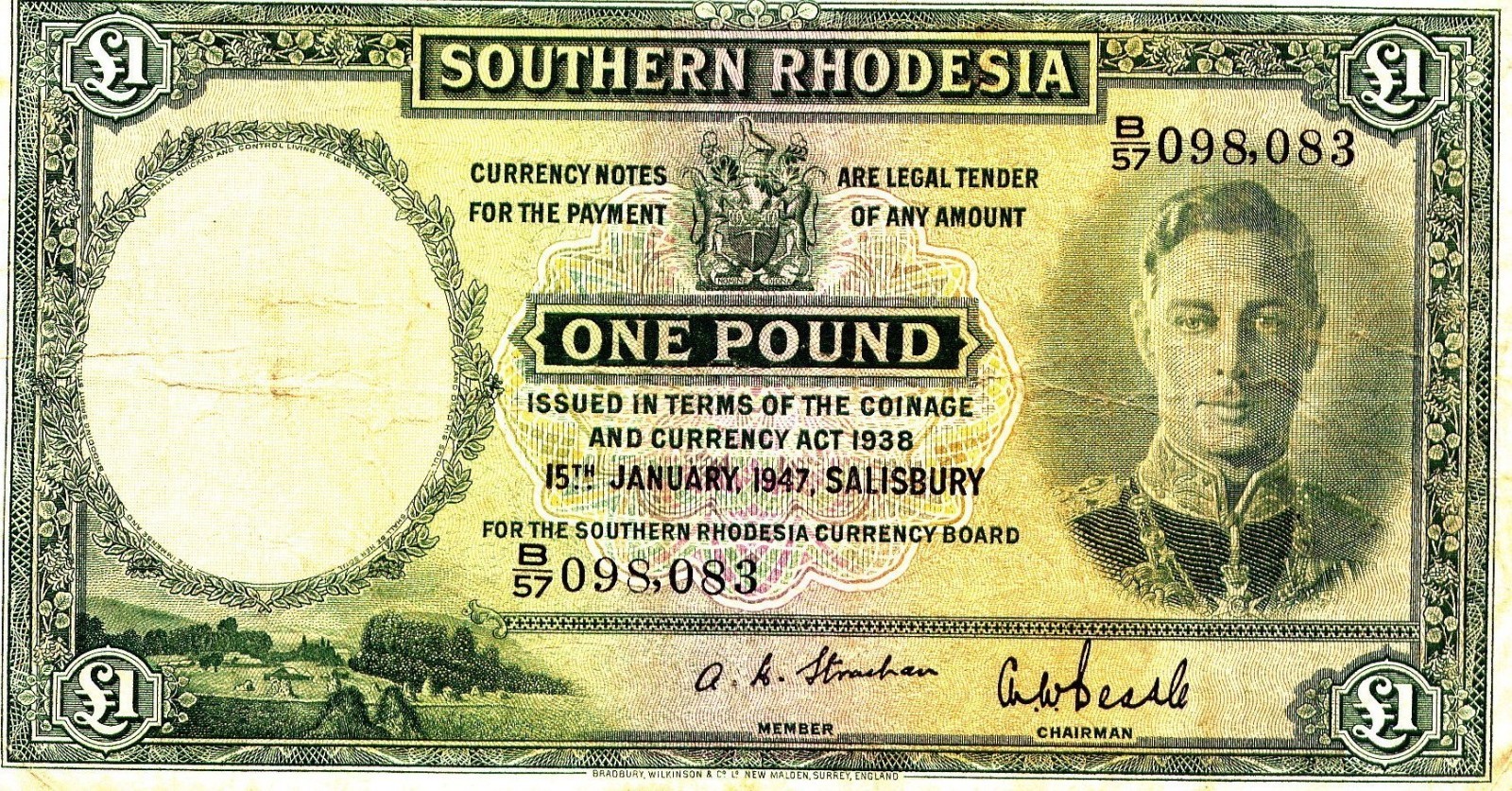 SOUTHERN RHODESIA 1947 ONE POUND P10c KING GEORGE V1 RARE *(VF) SOUTHERN RHODESIA 1947 ONE POUND P10c KING GEORGE V1 RARE *(VF)