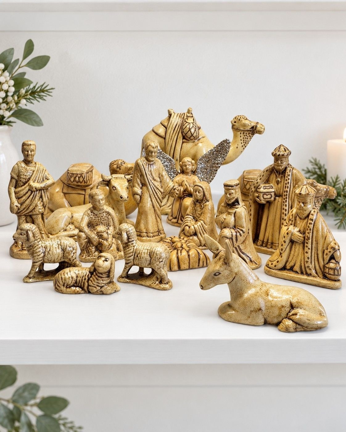 Vintage 1974 Ceramic Nativity Set 17 Piece Handmade Brown Glaze 3.25\
