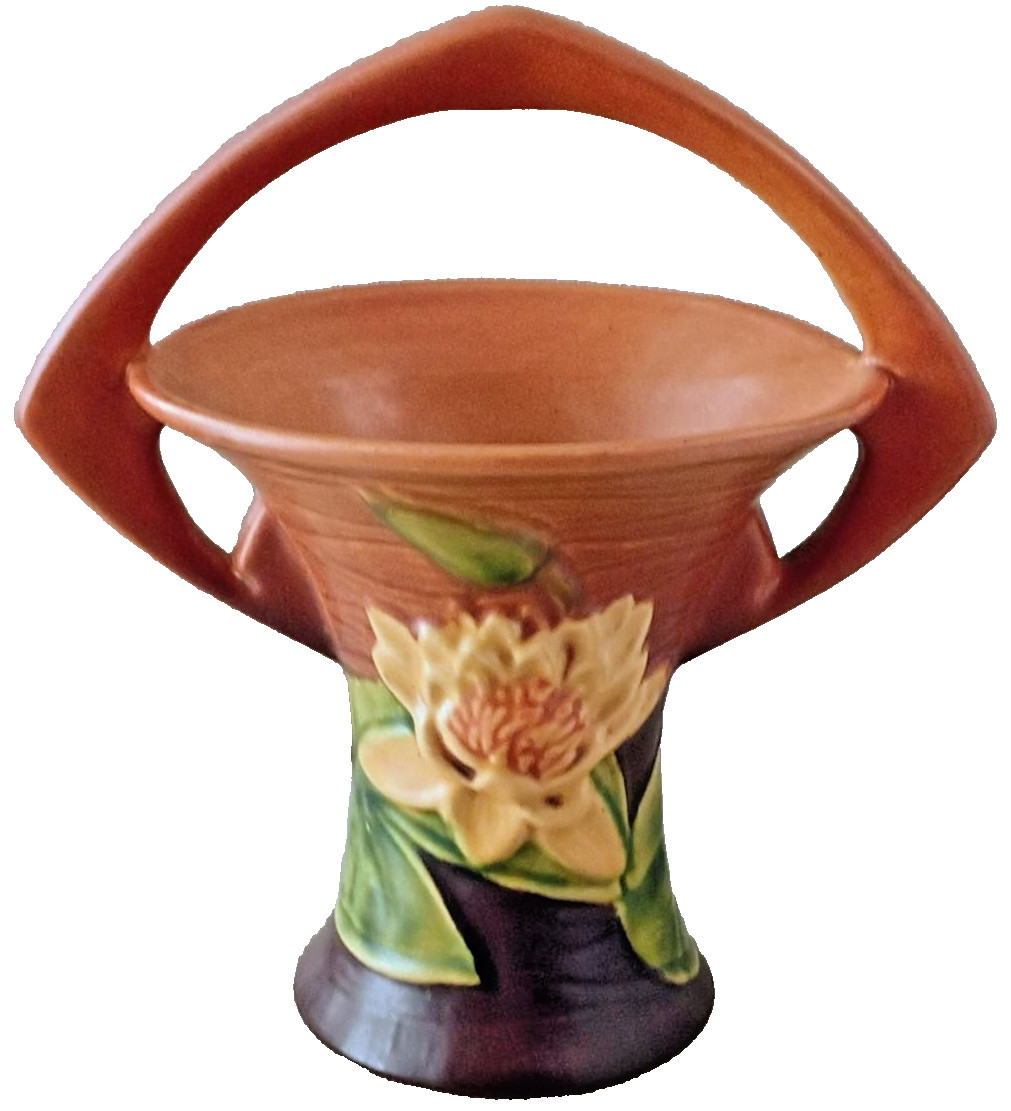 VINTAGE ROSEVILLE POTTERY BROWN WATER LILY BASKET #380-8 MCM