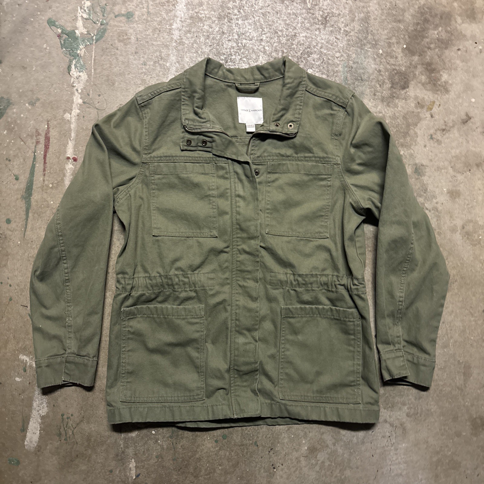 Vintage America Army Green Canvas Utility Jacket Women\'s Size M Drawstring Waist