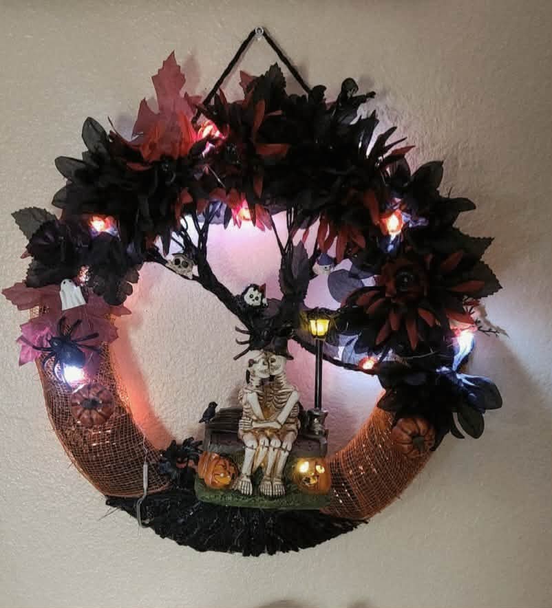 Handmade Halloween Spooky Skeleton Macrame Tree of Life LIGHTED Wall Hanging