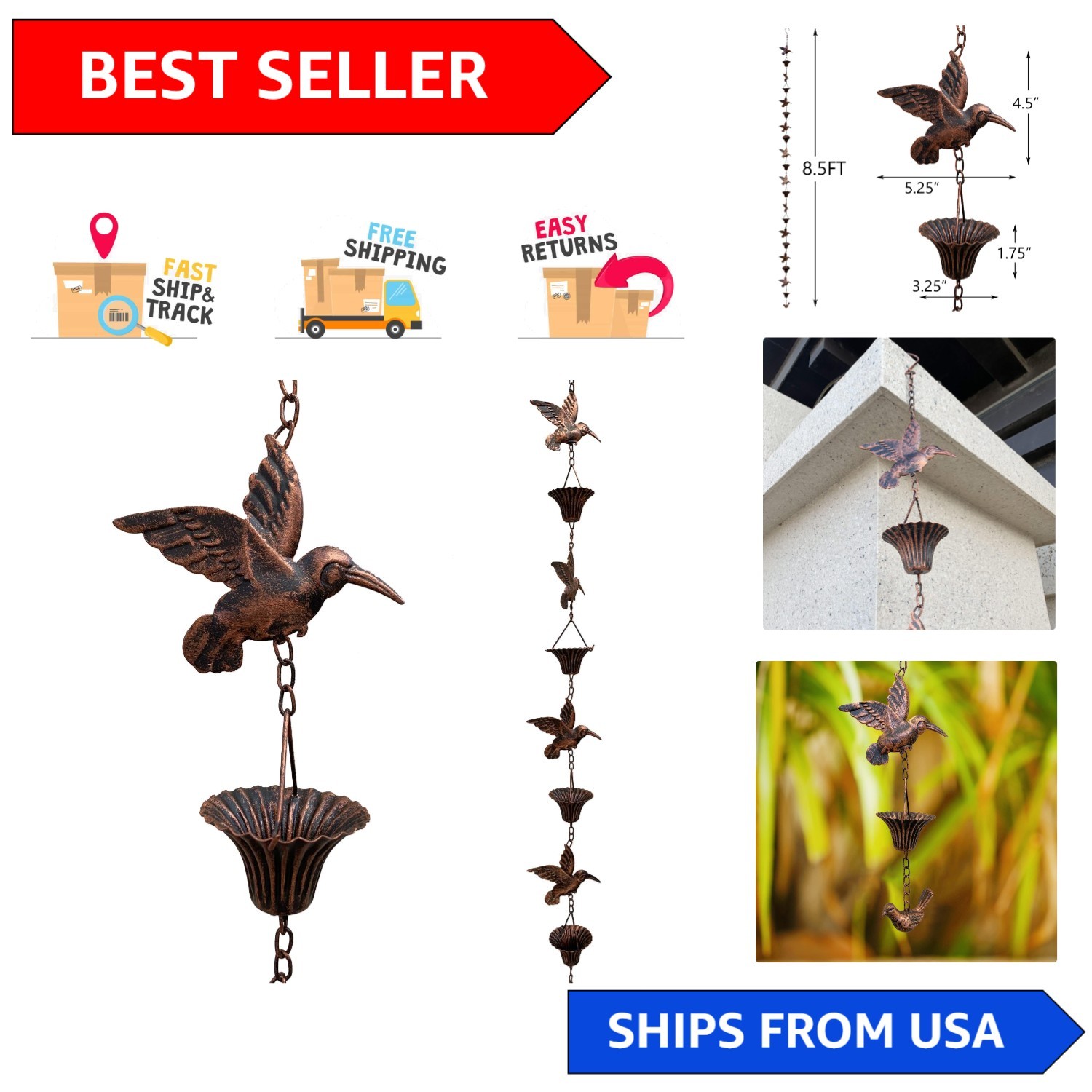 Beautiful 8.5FT Antique Copper Rain Chain - Captivating Hummingbird Design Beautiful 8.5FT Antique Copper Rain Chain - Captivating Hummingbird Design