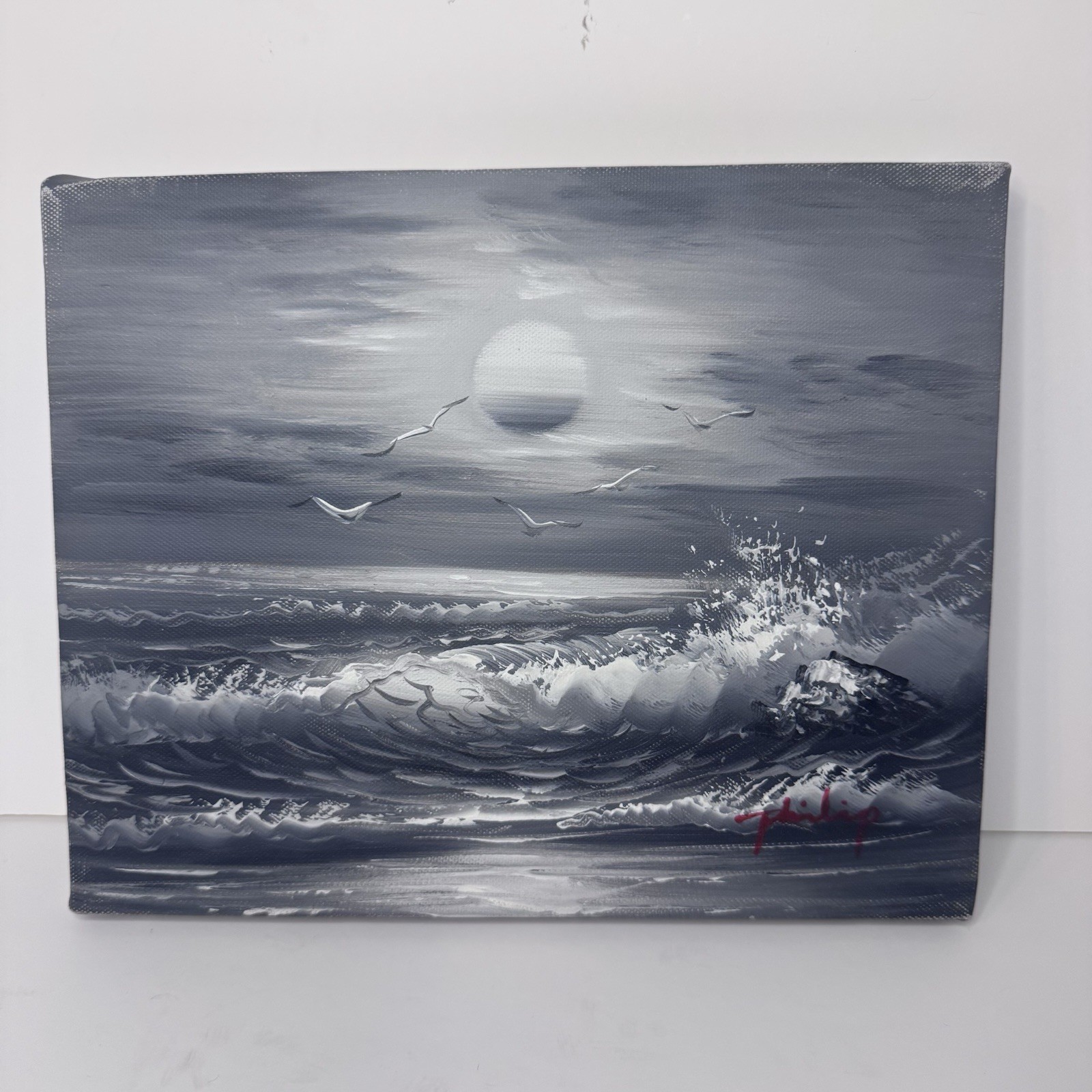 Vtg Monochromatic Original Oil Grayscale Painting Grayscale Ocean Waves 8x10