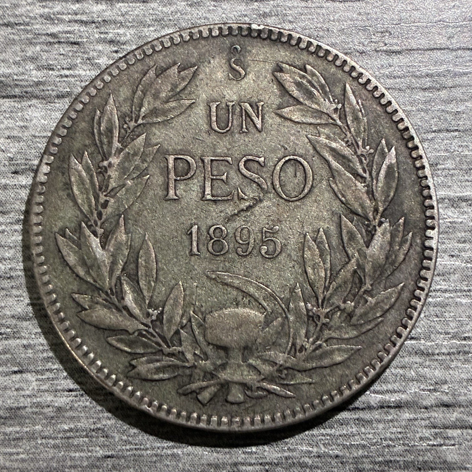 Chile 1 Peso 1895 Silver Coin Condor Toned Circulated