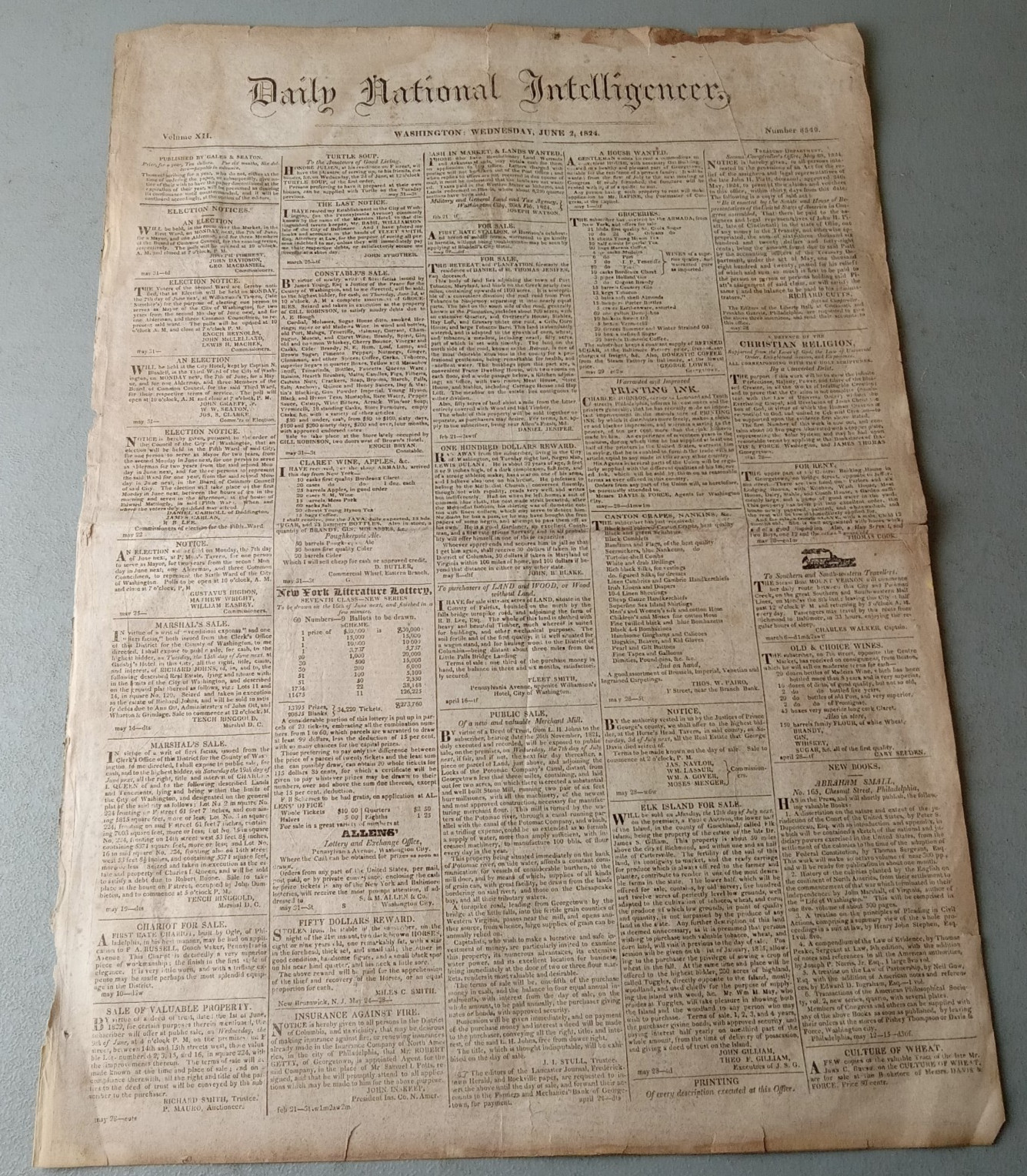 RARE 1824 Campaign Newspaper The National Intelligencer Jackson Adams Election