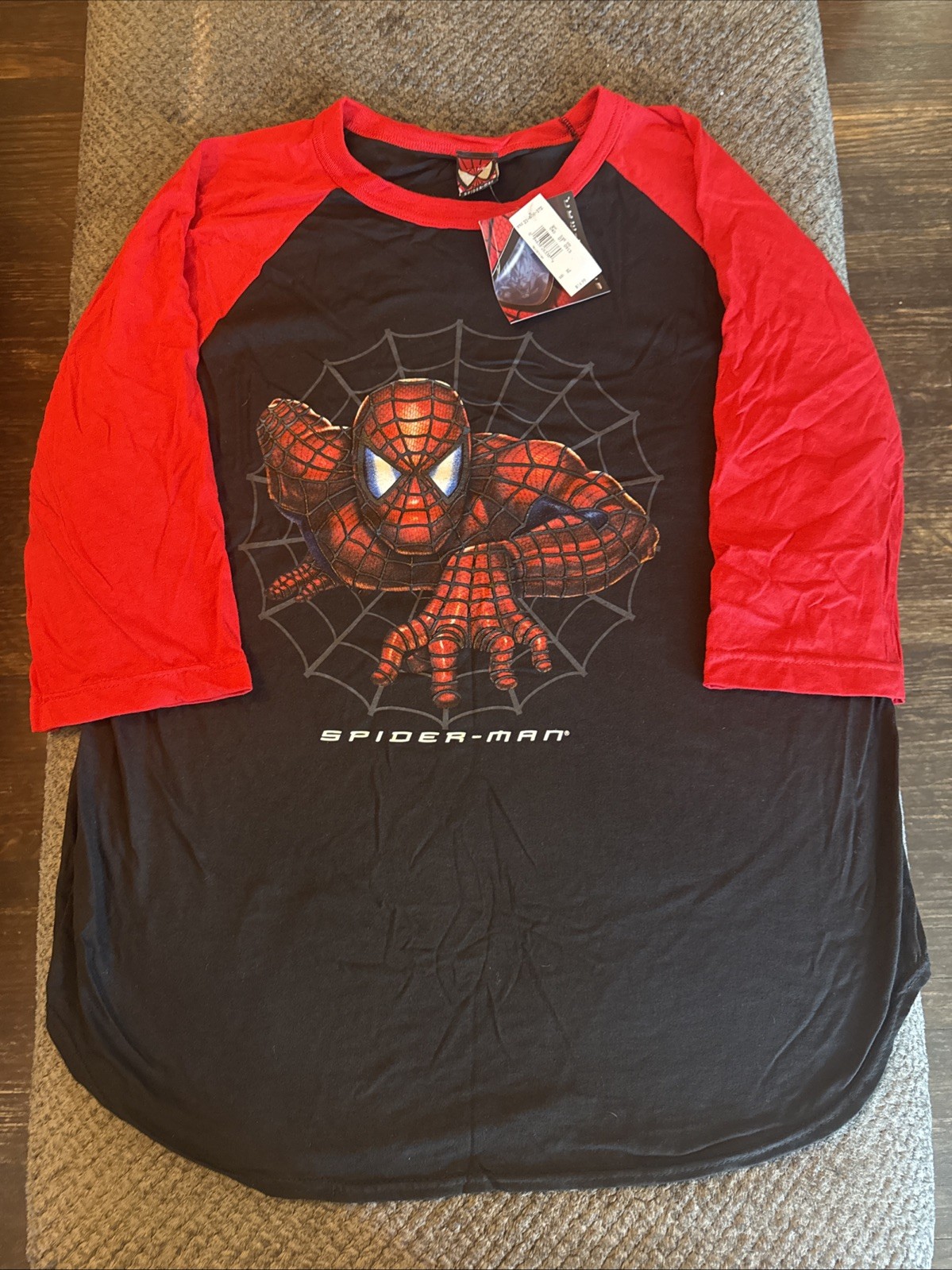 Vtg 2002 Spider Man Spell Out Sleeve Marvel  3/4 Sleeve T-Shirt Mens XL Promo
