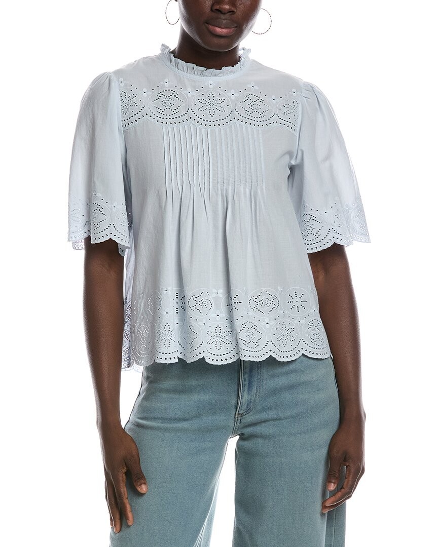 Madewell Embroidered Pintuck High Neck Top Women\'s Blue M Madewell Embroidered Pintuck High Neck Top Women\'s Blue M