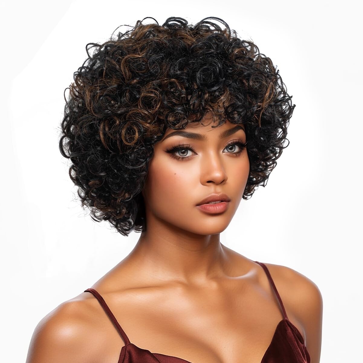 Short Curly Human Hair Wig with Bangs Glueless 150% Density Mixed Brown
