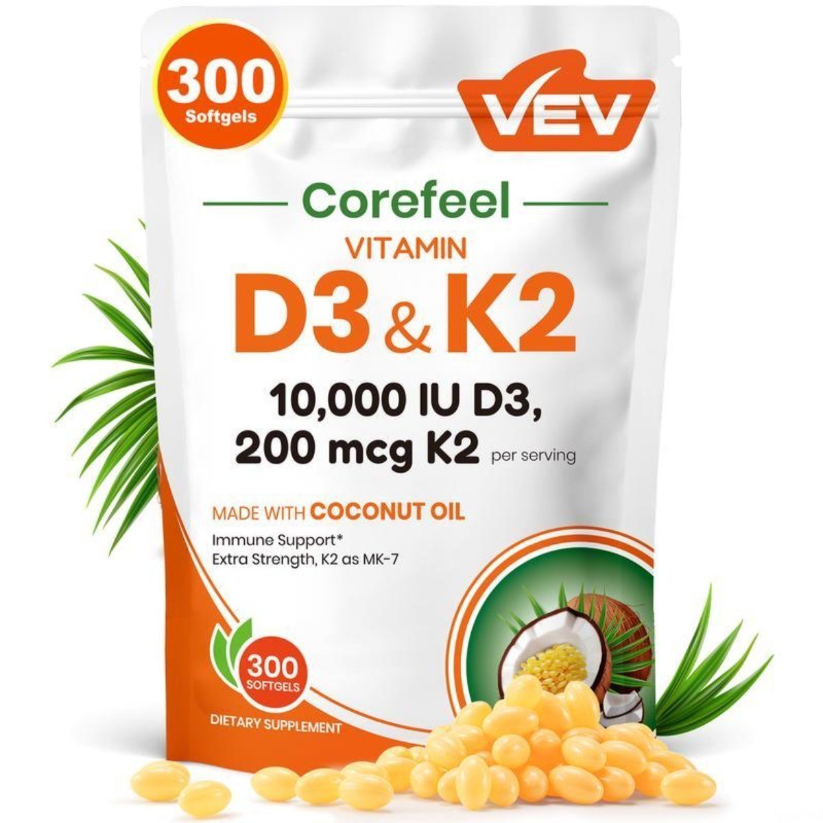 VEV Vitamin D3 K2 10000 IU with Coconut Oil 300 Softgels NEW