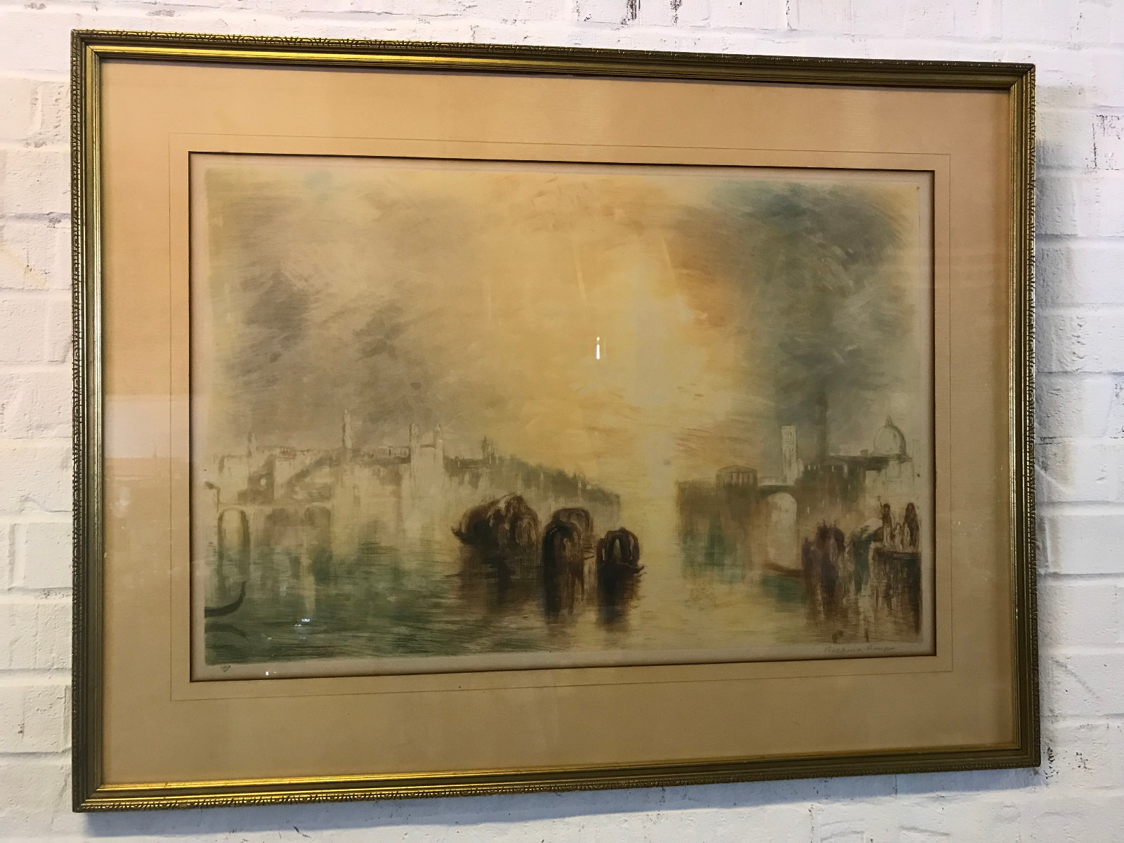 Antique Large French Richard Ranft Signed Etching Print Bidding Farewell Venice
