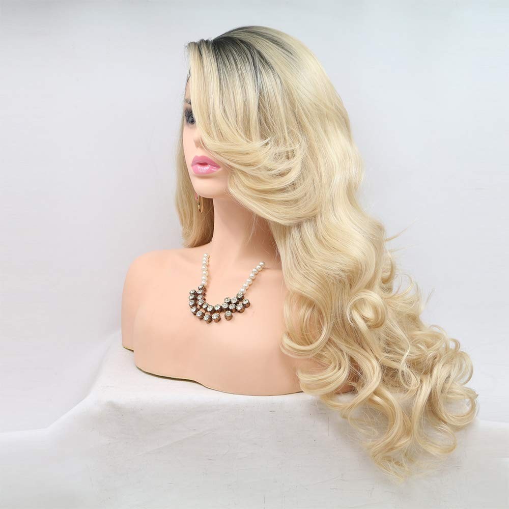 Xiweiya Long Ombre Blonde Lace Front Wig Dark Roots 2 Tones Mixed Blonde Body