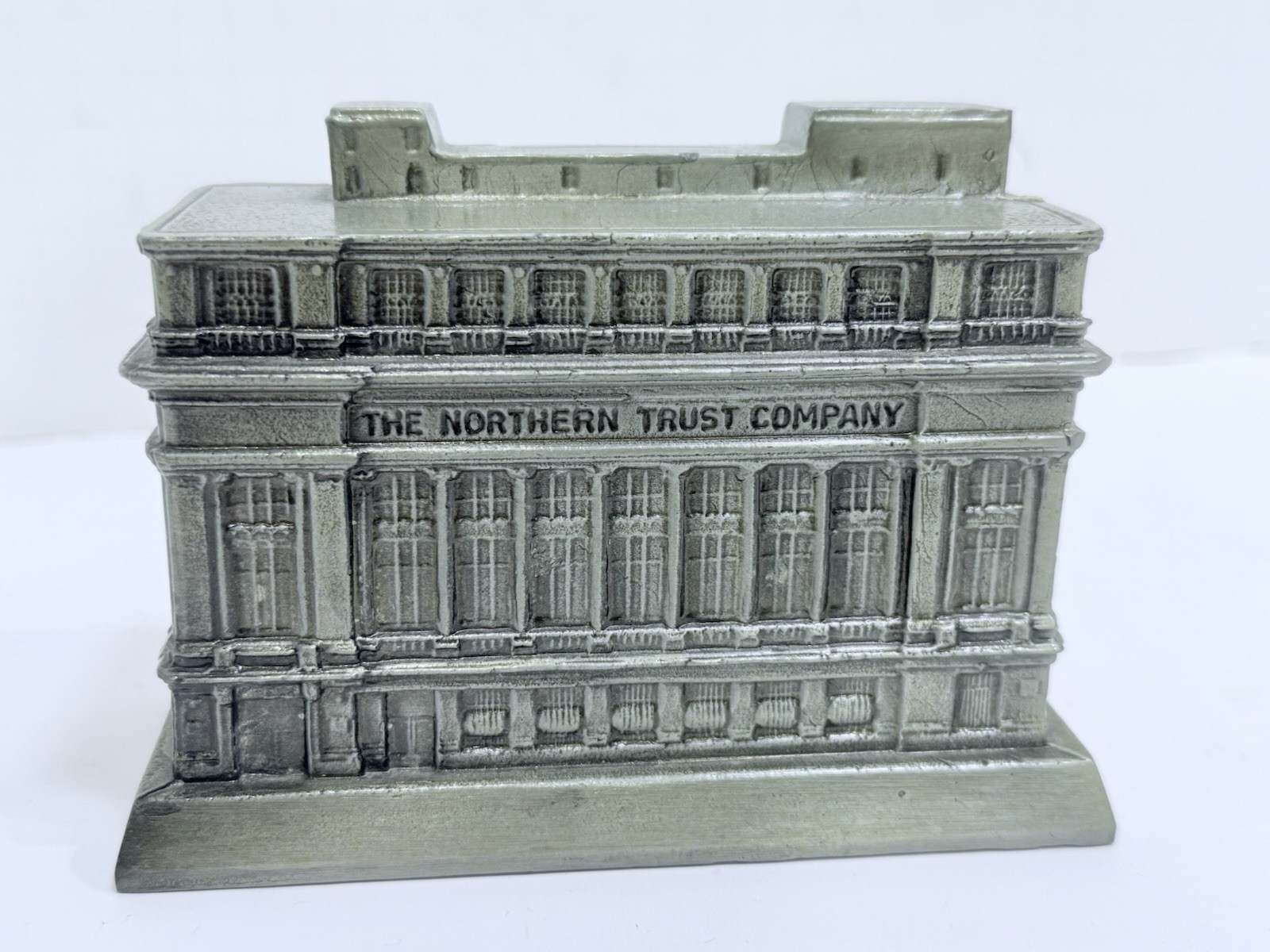 Vintage Northern Trust Company Metal Coin Bank 1974 Building Shaped Detailed