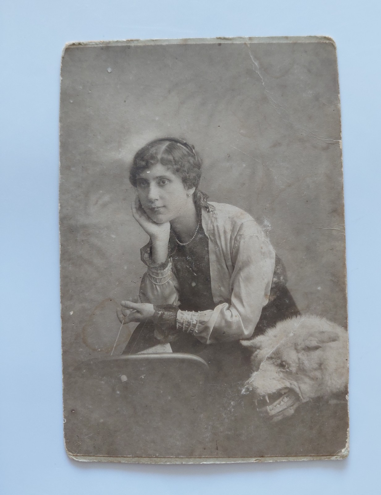 c1910s Woman with Taxidermy Wolf Moving Jaw Cord Unusual Antique Photo
