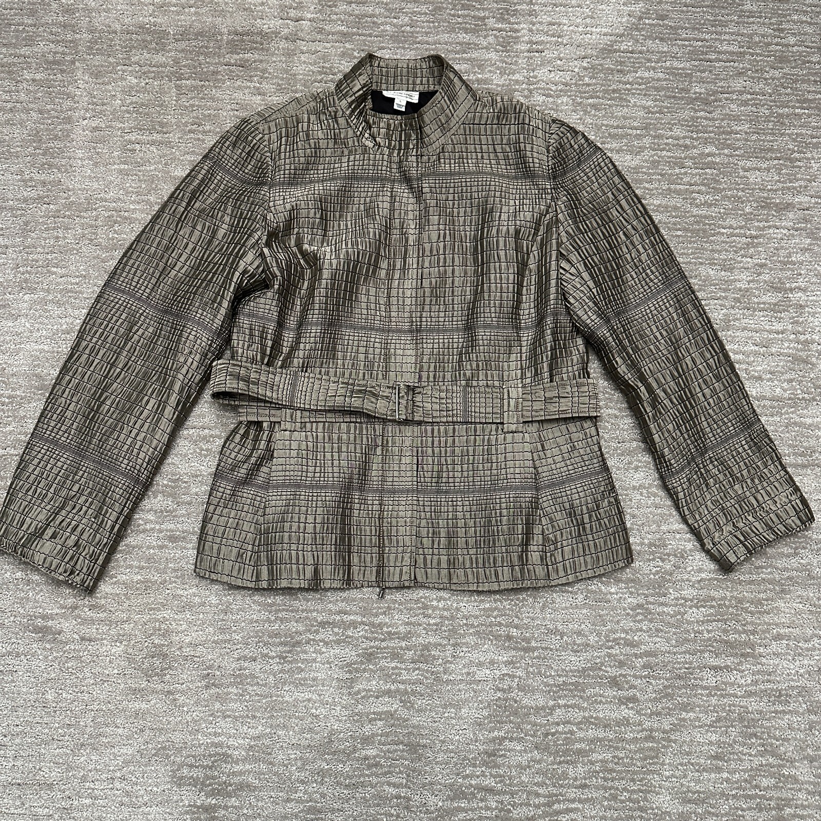 Vintage St. John Sport Jacket Womens Large Metallic Gray Textured Belted Pockets