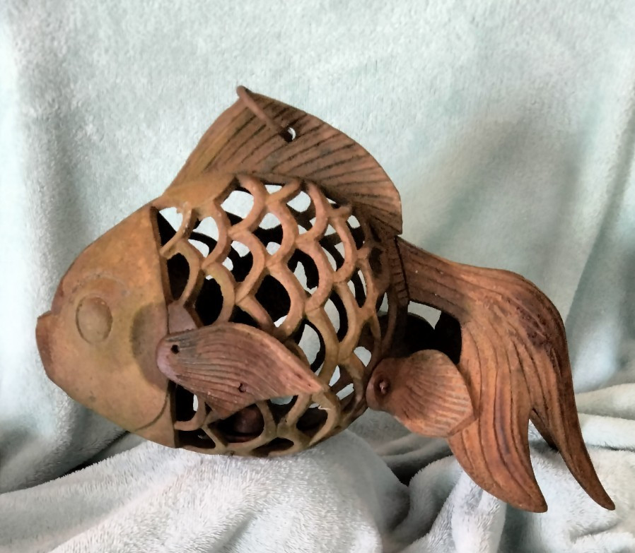 VINTAGE Heavy Cast Iron KOI FISH Goldfish Japanese Garden LANTERN Candle Holder