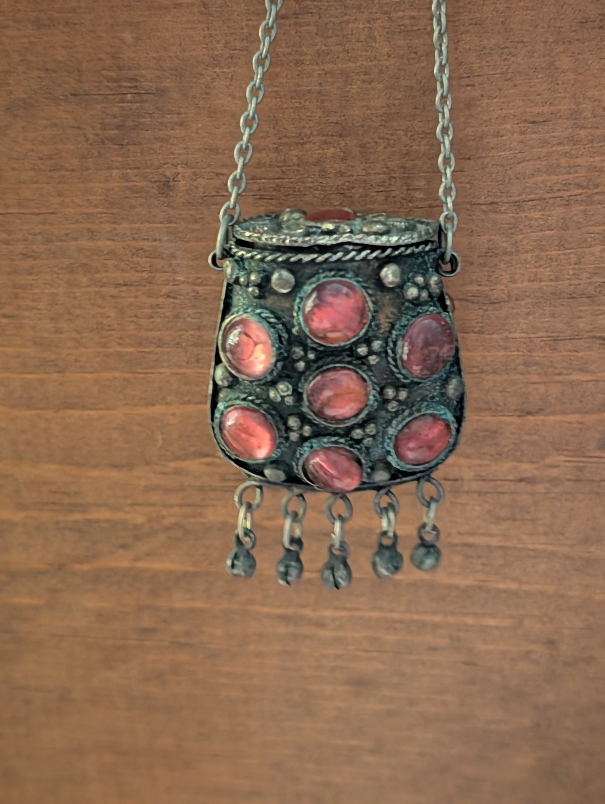 Vtg Silver Tone Sajai Pendent Prayer Box Necklace Pink Stones 36\