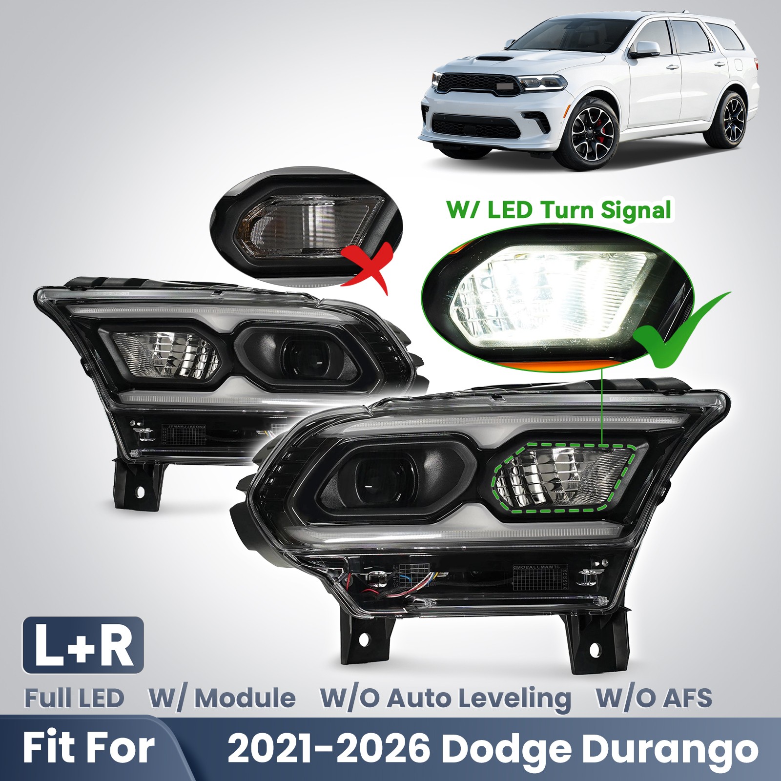 Full LED Headlight For 2021-2026 Dodge Durango w/o Auto Level Left+Right Pair