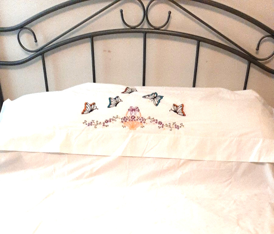 Vtg White Cotton Top Sheet Hand Embroidered 92 x108 Basket Flowers Butterflies